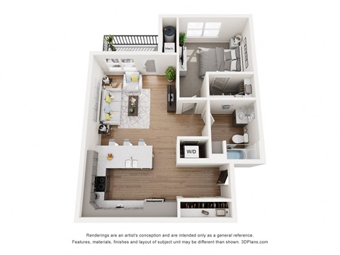 Floor plan for 1 bed, 1 bath, 755 sqft